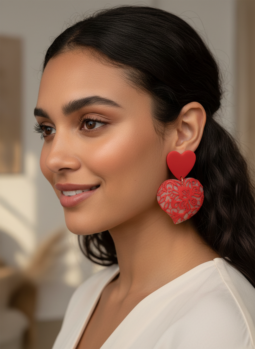 Woman wearing red Lace Puffy Heart Statement Earrings, handmade by Sunni Dineen, with a blurred indoor background.