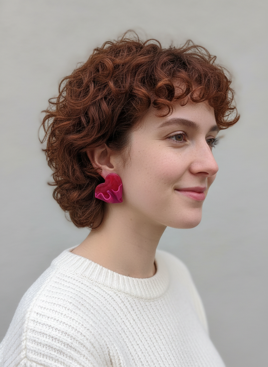 Woman with red hair wearing a white sweater and the Draped Heart Statement Earrings in red-pink, handmade by Sunni Dineen.