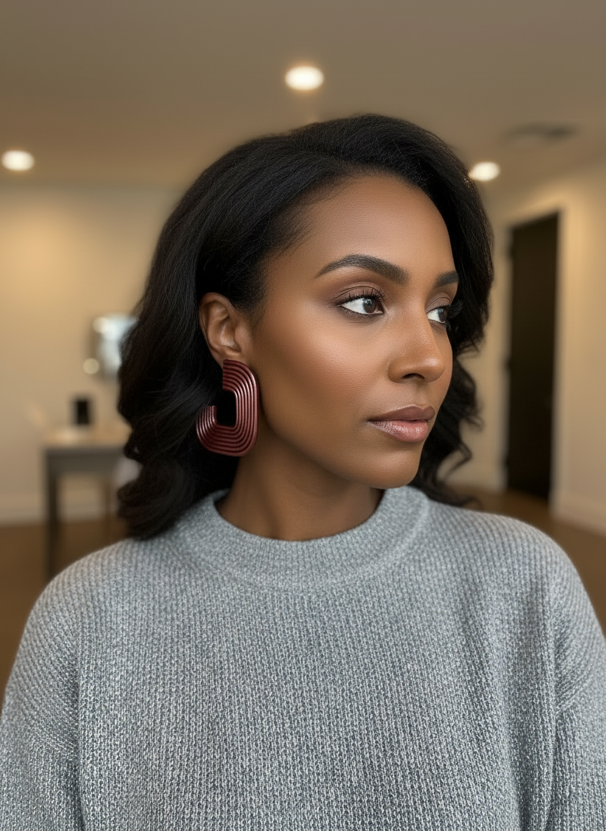 Woman wearing a silver sweater and the cranberry Gia Statement Earrings, handmade by Sunni Dineen.