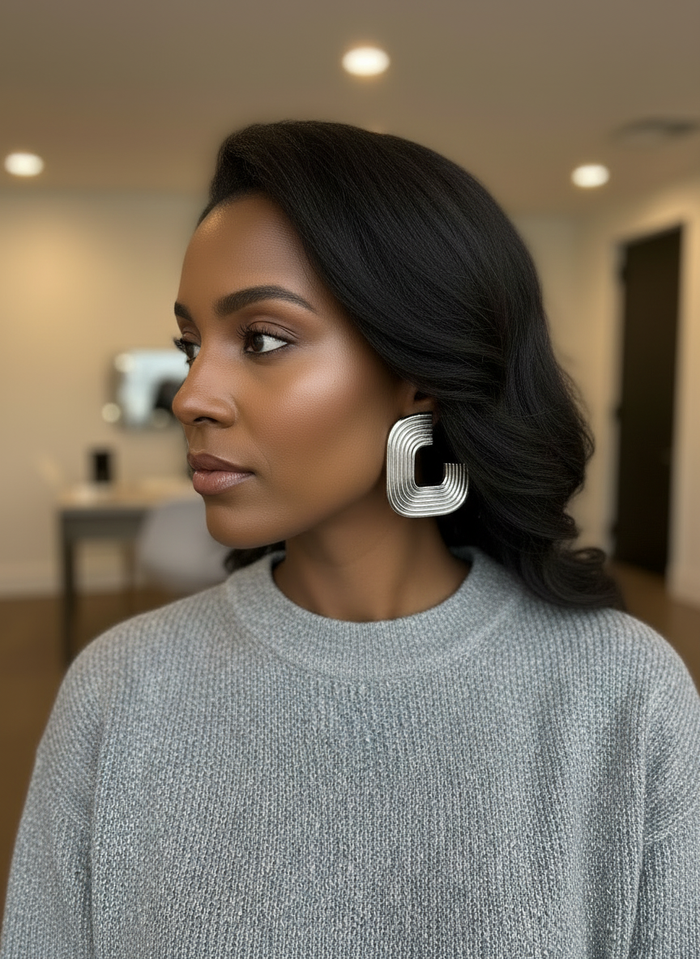 Woman wearing a silver sweater and the silver Gia Statement Earrings, handmade by Sunni Dineen.