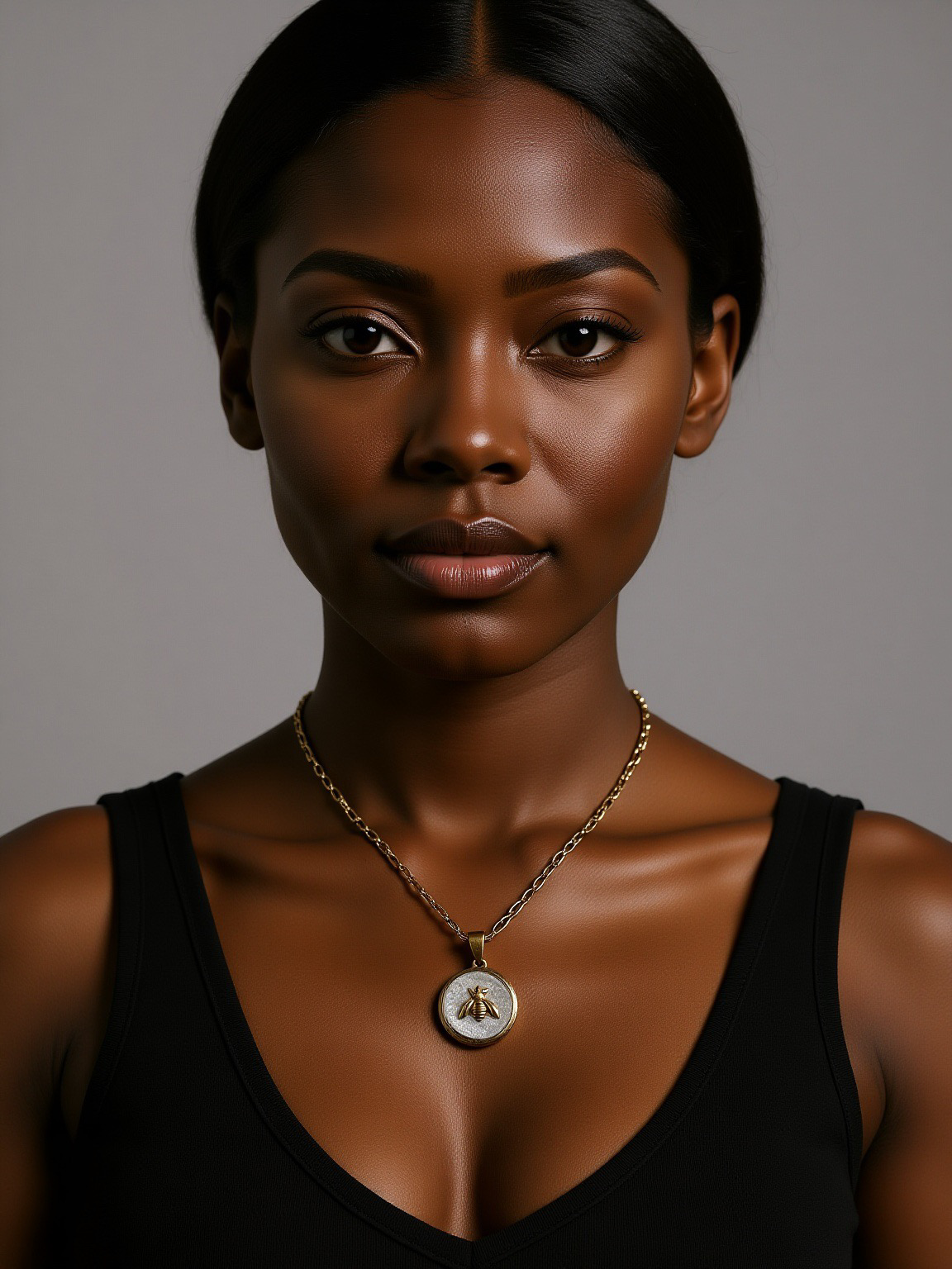 Model wearing handmade queen bee pendant necklace in gold from Sunni Dineen Handcrafted Design symbolizing her quiet power, purpose and presence.