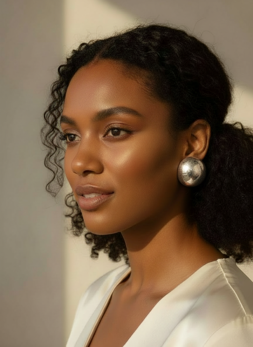Woman wearing oversized metallic silver oversized stud earrings handmade by Sunni Dineen, wearing a white top against a neutral background.