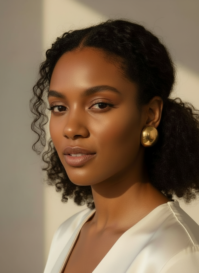 Woman wearing oversized metallic gold oversized stud earrings handmade by Sunni Dineen, wearing a white top against a neutral background.