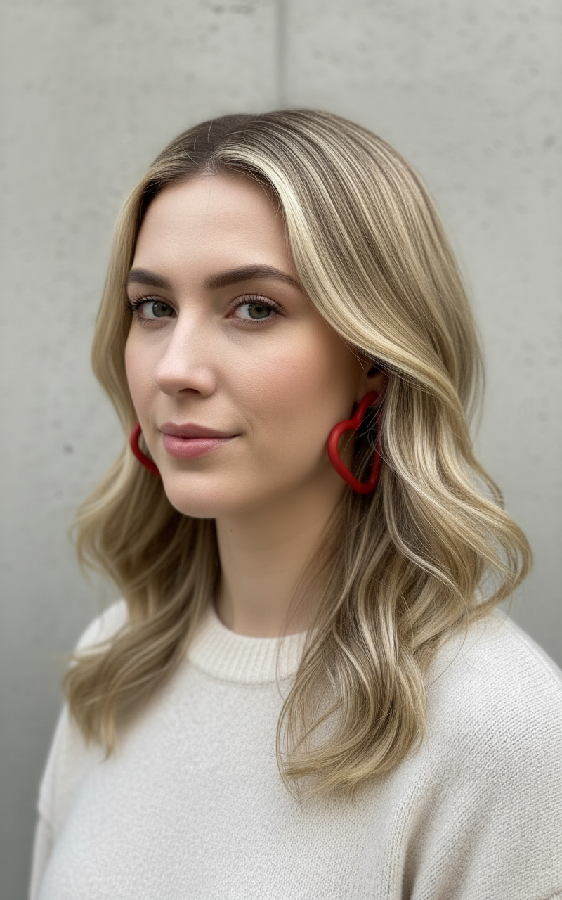 Woman with blonde hair wearing a pair of large red open heart hoop earrings handmade by Sunni Dineen; and a white sweater against a gray background