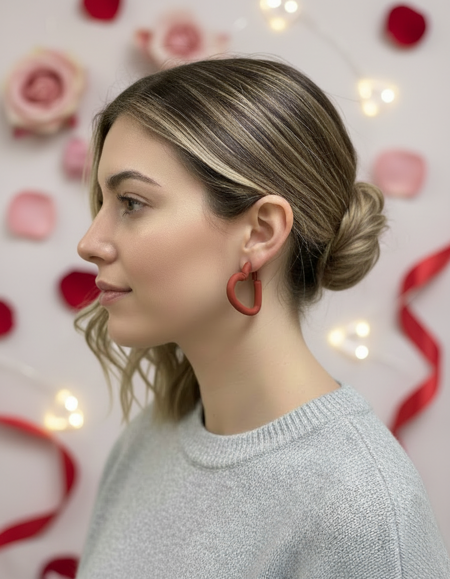 Woman with styled hair wearing a pair of small red open heart hoop earrings handmade by Sunni Dineen; against a decorative background