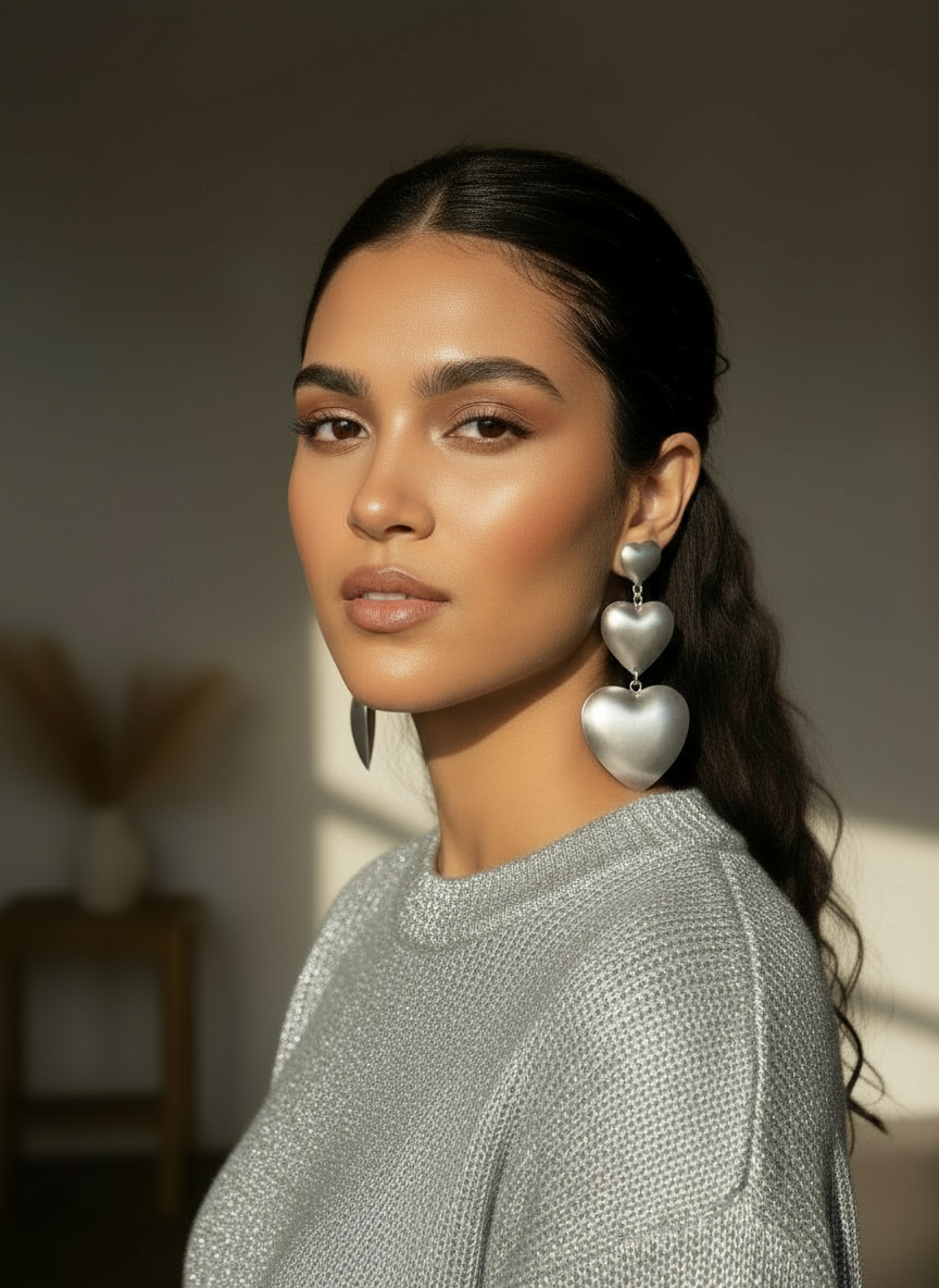 Woman wearing a pair of silver Heart Balloon Earrings handmade by Sunni Dineen.