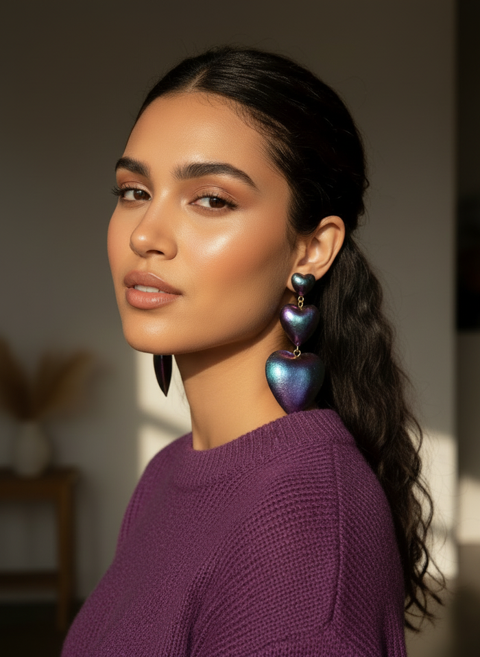 Woman wearing a purple sweater and a pair of iridescent blue-purple Heart Balloon Earrings handmade by Sunni Dineen.