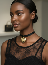 Woman wearing The Heart of Gold Choker Necklace by Sunni Dineen, in black-gold
wearing a black lace top