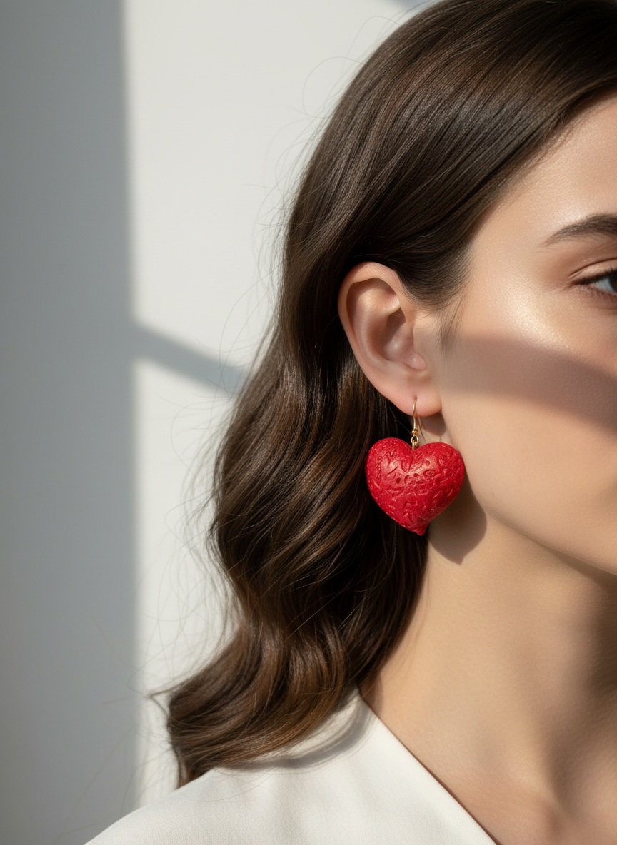 Close-up of a woman wearing a white blouse and the Puffy Heart Statement Earrings in red, handmade by Sunni Dineen.