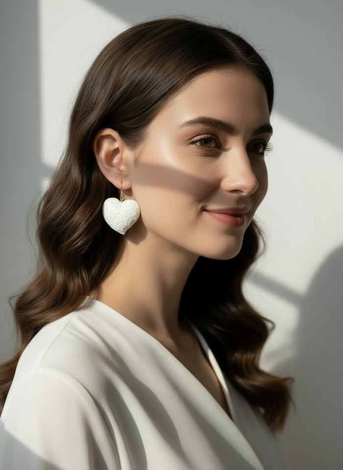 Woman wearing a white blouse and the Puffy Heart Statement Earrings in white, handmade by Sunni Dineen.