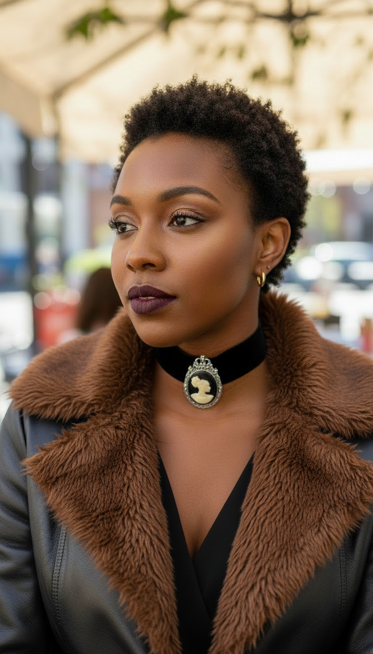 Woman wearing a brown fur-trimmed coat and the Afro Beauty Cameo Choker Set handmade by Sunni Dineen. 