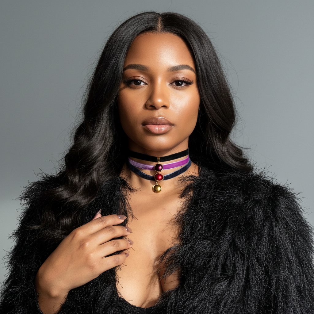 Woman wearing a black fur coat and the Pearlesque Choker Set handmade by Sunni Dineen, against a gray background