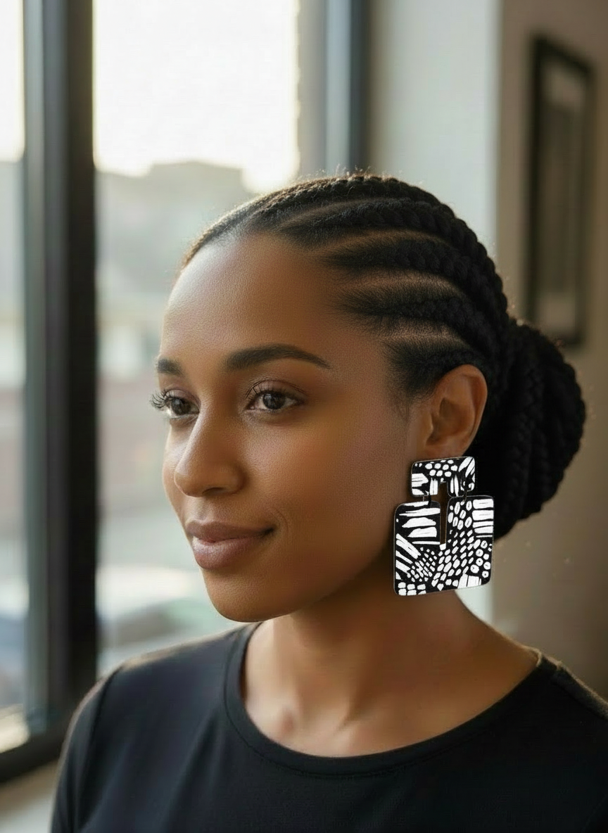 Woman with braids standing next to a window styled wearing a black t-shirt and a pair of 'Kalani' black & white patterned statement earrings, handmade by Sunni Dineen.