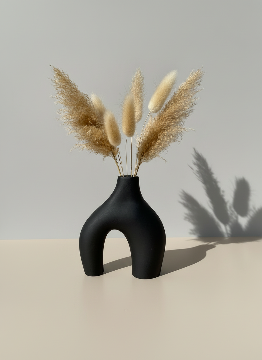The black-colored Modern Sculptural Horseshoe Vase styled with dried pampas grass against a gray background and white surface.