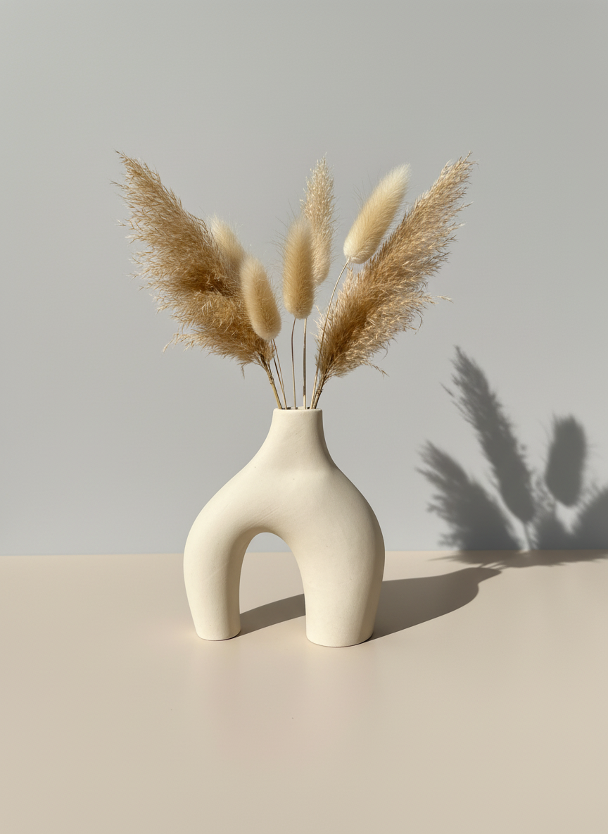The bone-colored Modern Sculptural Horseshoe Vase styled with dried pampas grass against a gray background and white surface.