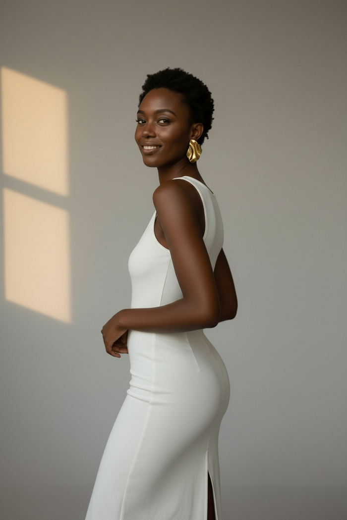 A woman styled wearing gold leaf "Monae" sculptural statement earrings and a white bodycon dress.