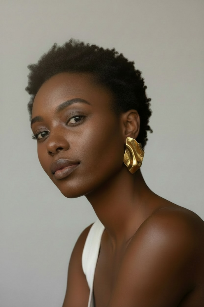 A woman styled wearing gold leaf "Monae" sculptural statement earrings 