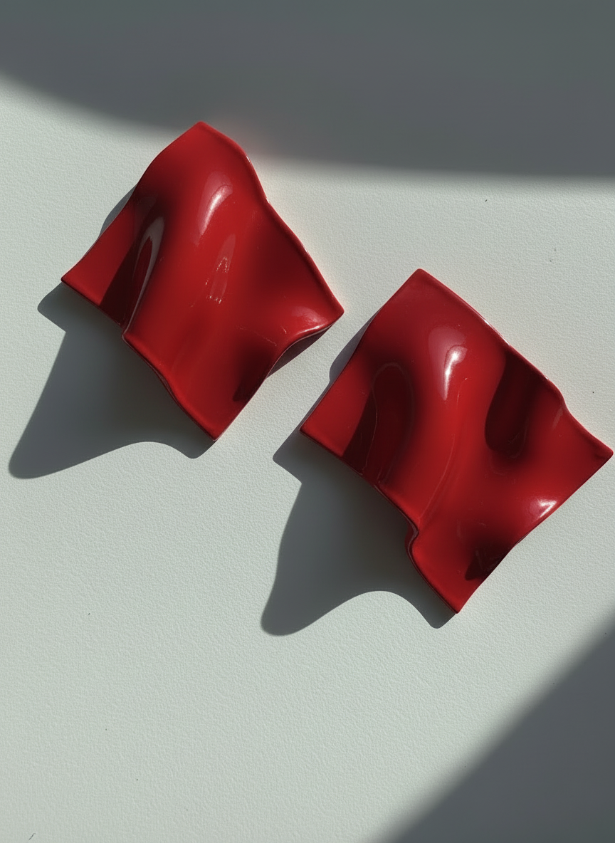 A pair of red 'Monae' statement earrings, handmade by Sunni Dineen, on a white surface with shadows and filtered light.