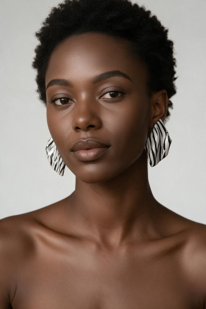 A woman styled wearing zebra "Monae" sculptural statement earrings 