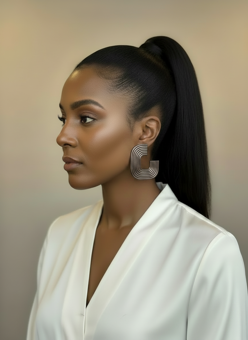 A model styled wearing a white blouse and a pair of pewter 'Gia' statement earrings, handmade by Sunni Dineen, against a beige background.