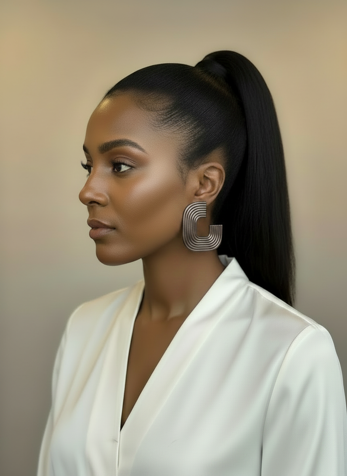 A model styled wearing a white blouse and a pair of pewter 'Gia' statement earrings, handmade by Sunni Dineen, against a beige background.