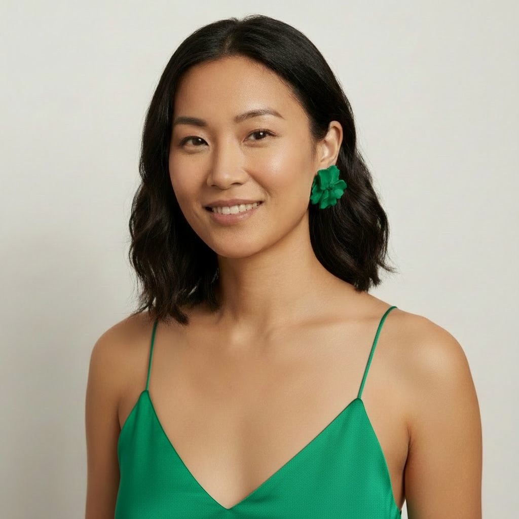 Woman wearing emerald green"Posey" sculptural flower statement earrings.