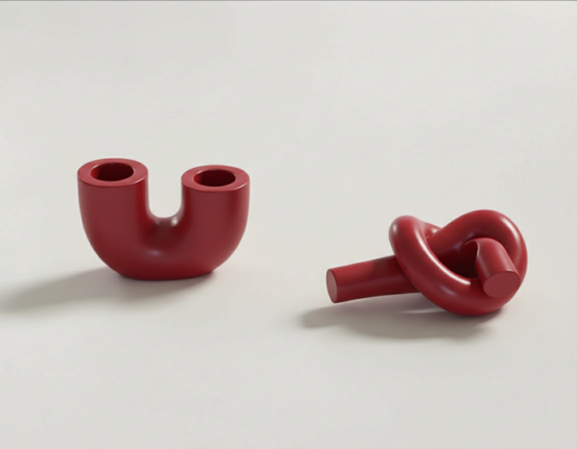 A red U-shaped candlestick holder & red knot candlestick holder handmade by Sunni Dineen, displayed on a white surface.