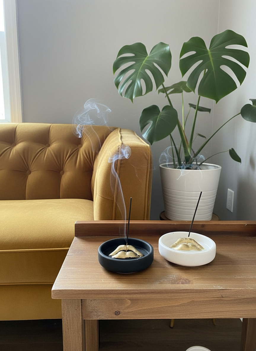 A black and white Sculptural Lips Incense Holder with incense burning on a wooden table with a yellow sofa and potted plant in the background.