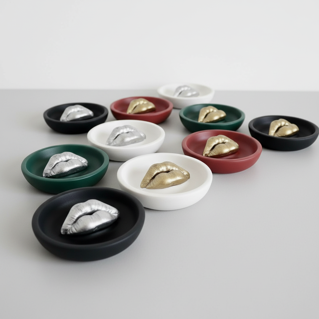 Set of Sculptural Lips Incense Holders handmade by Sunni Dineen, displayed on a white surface and white background.