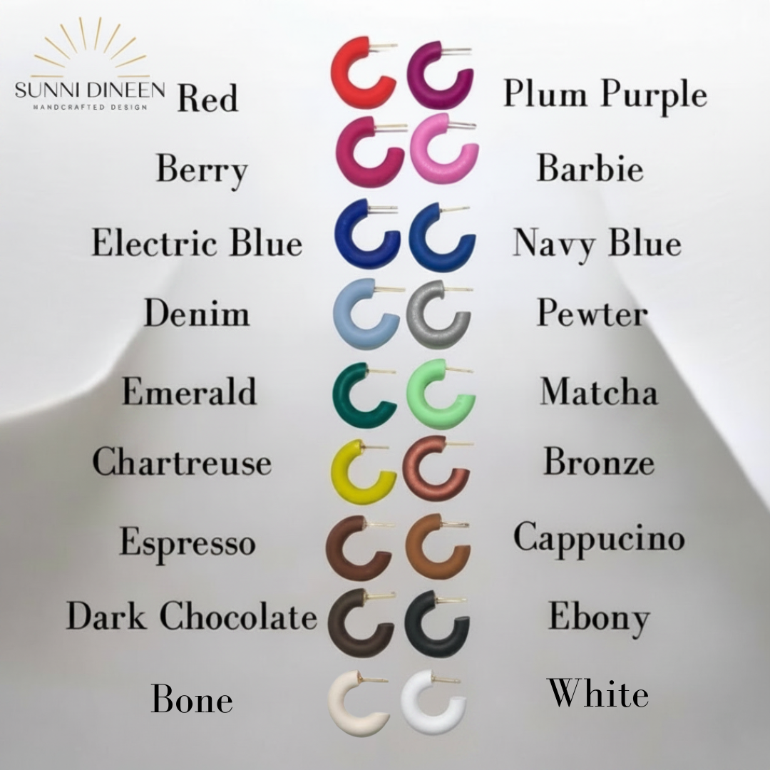 Color swatches of the signature 'Clay Hoop Earrings' handmade by Sunni Dineen, with labeled colors on a white background.