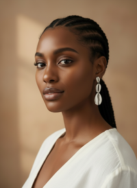 Woman with braided hair wearing a white top and the silver Cowrie Shell Tiered Drop Earrings handmade by Sunni Dineen, against a neutral background.