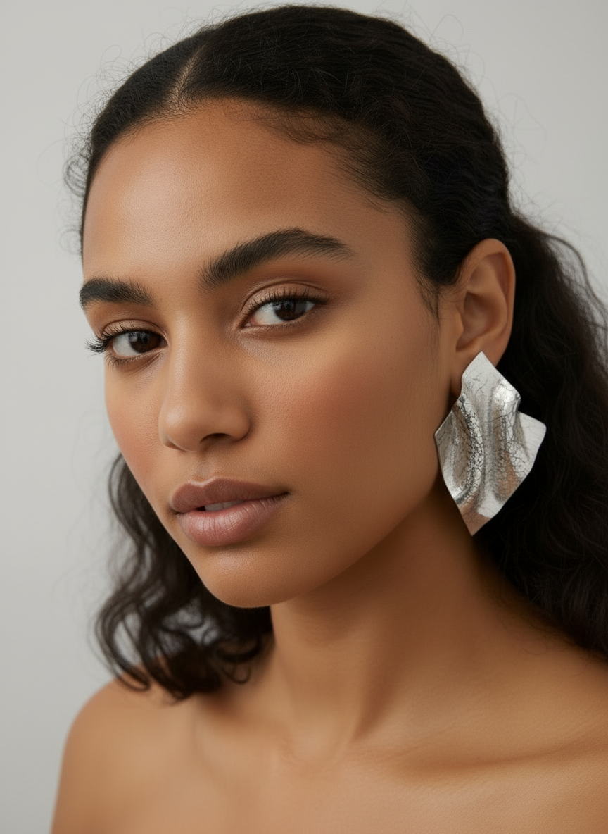 A model wearing a pair of silver leaf 'Monae' statement earrings, handmade by Sunni Dineen, against a white background.