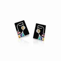 Black Simone abstract face statement stud earrings handmade from polymer clay.