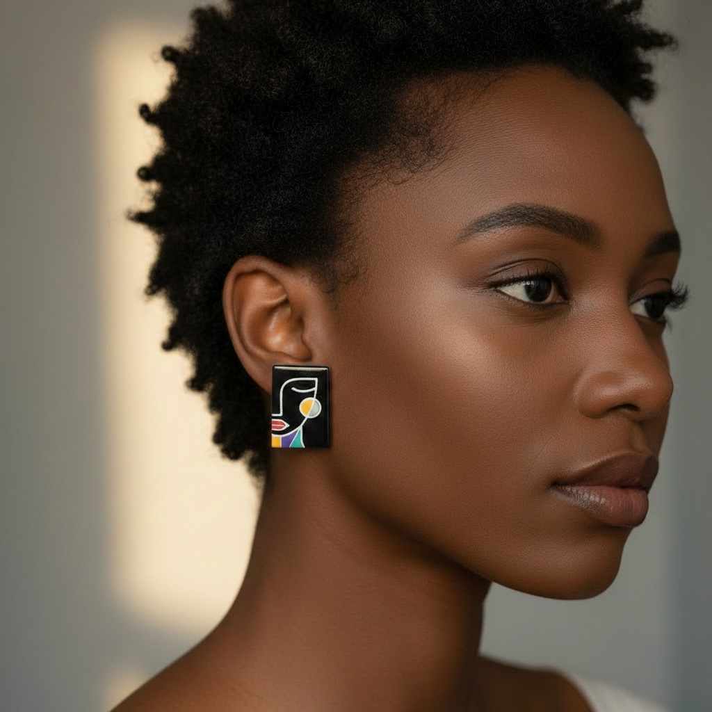 Woman wearing black Simone abstract face polymer clay statement stud earrings.
