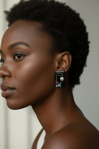 Woman wearing black 'Simone' abstract face polymer clay statement stud earrings.
