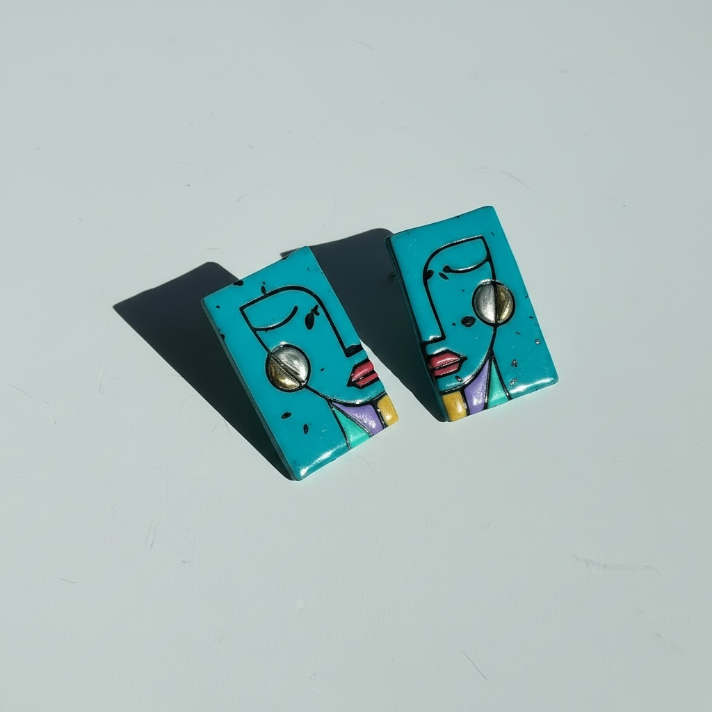 Turquoise-granite 'Simone' abstract face statement stud earrings handmade from polymer clay.