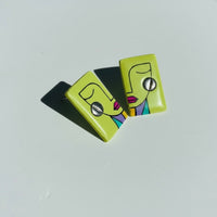 Wasabi-colored 'Simone' abstract face statement stud earrings handmade from polymer clay.
