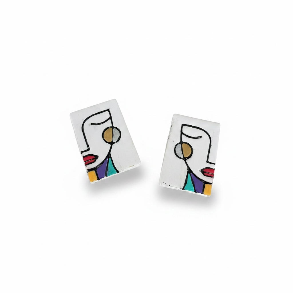 White Simone abstract face statement stud earrings handmade from polymer clay.