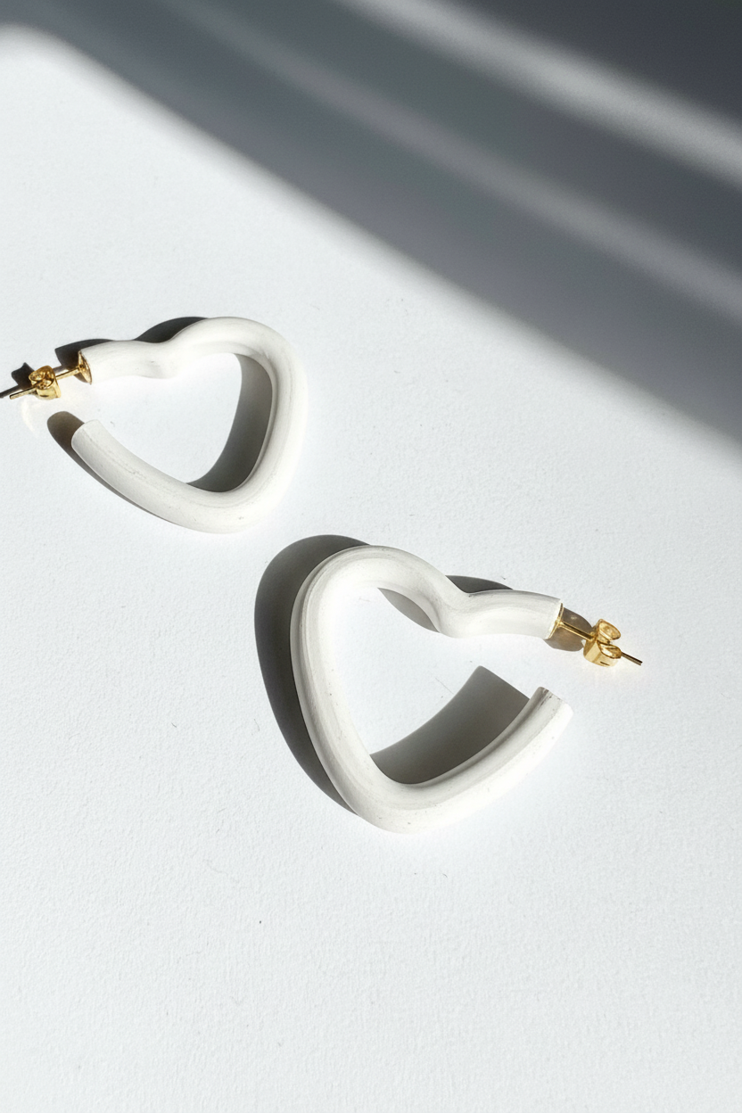 A pair of small white open heart hoop earrings on a white surface, handmade by Sunni Dineen.