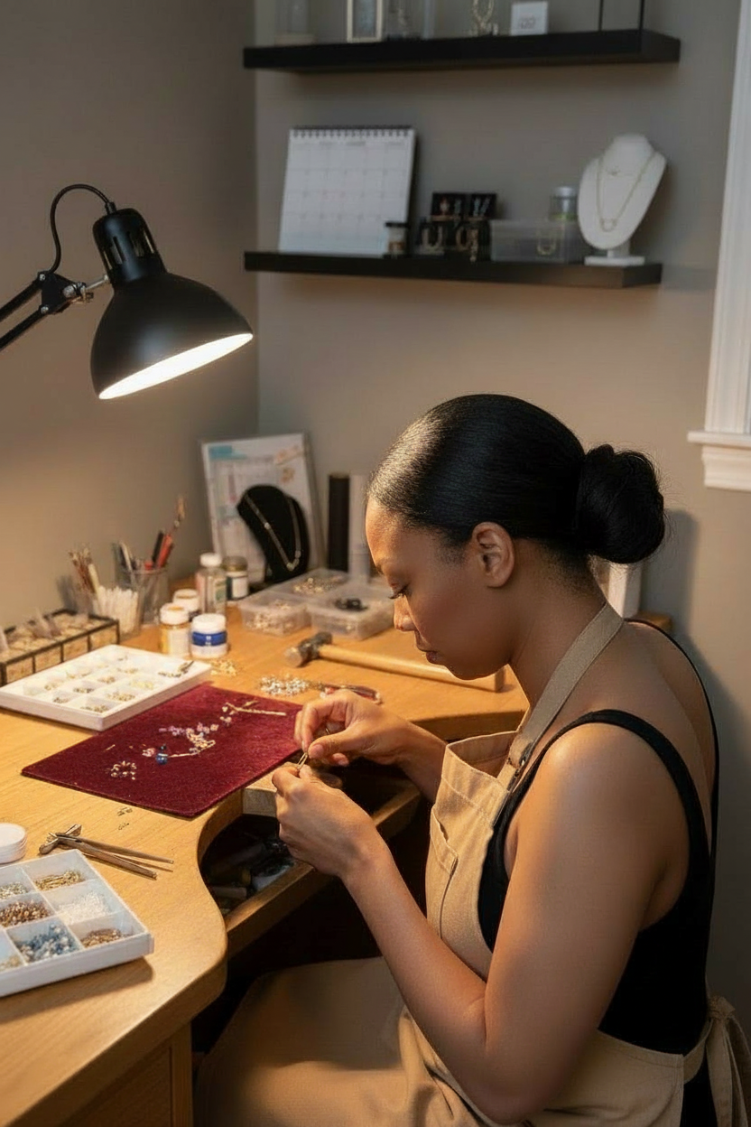 Sunni Dineen, Founder of Sunni Dineen Handcrafted Design, working at a desk with jewelry-making supplies in her home in New Jersey. 