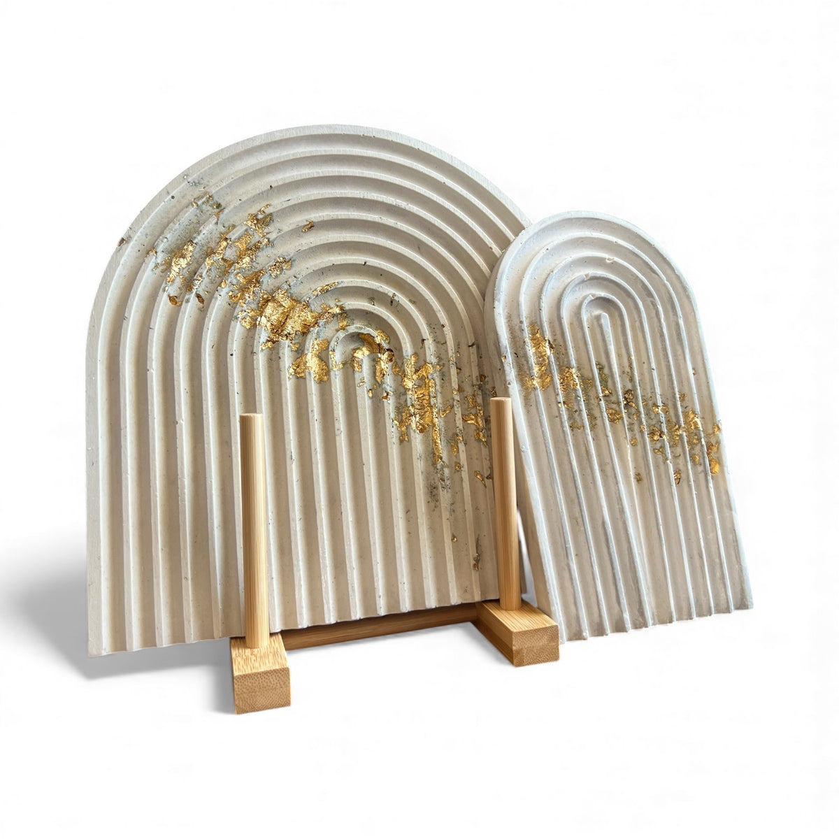 Gold leaf and natural neutral resin arch duo set — handcrafted modern home décor by Sunni Dineen Handcrafted Design.