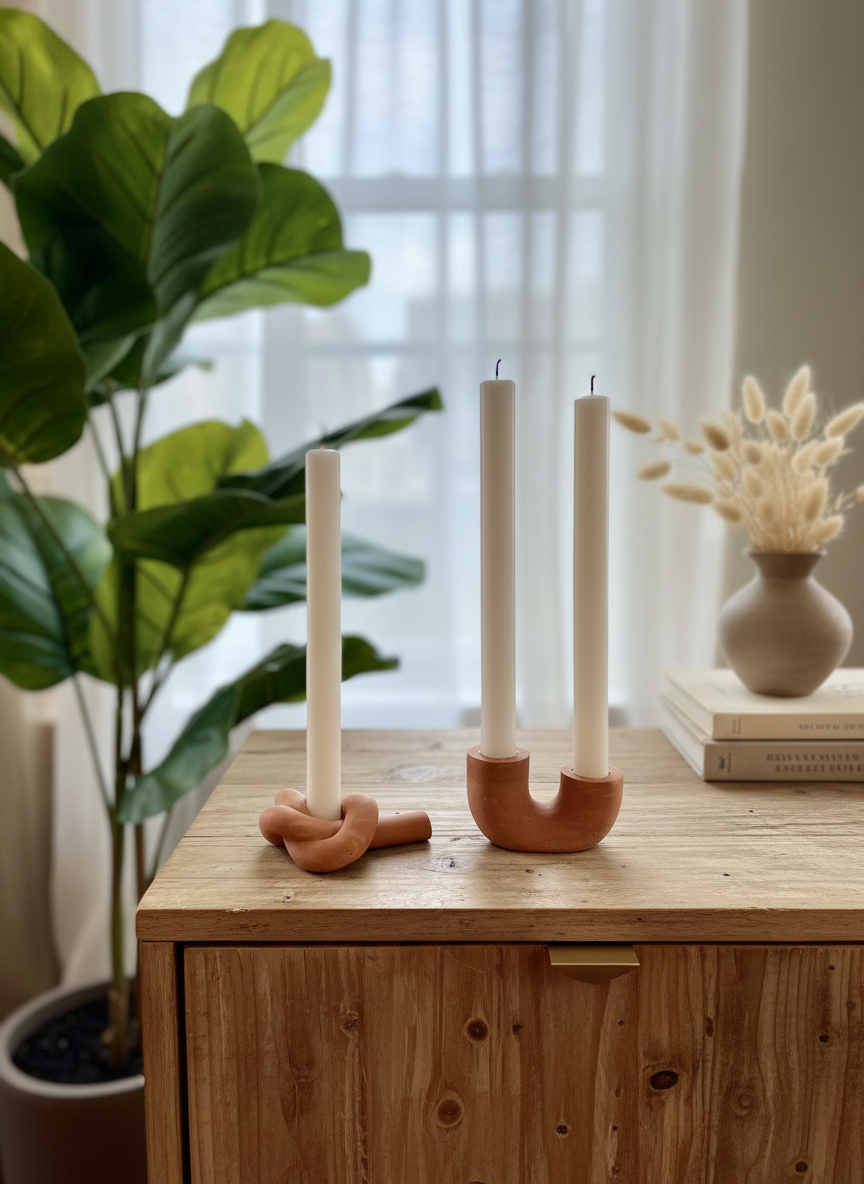 The Mini Sculptural Candlestick Holder Set in terracotta; handmade by Sunni Dineen; displayed on a wooden surface with plants and books in the background.