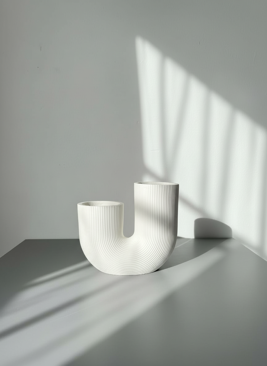 White U-shaped ribbed vase,  handmade by Sunni Dineen on a gray surface with shadows cast by sunlight.