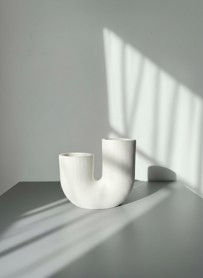 White U-shaped ribbed vase,  handmade by Sunni Dineen on a gray surface with shadows cast by sunlight.