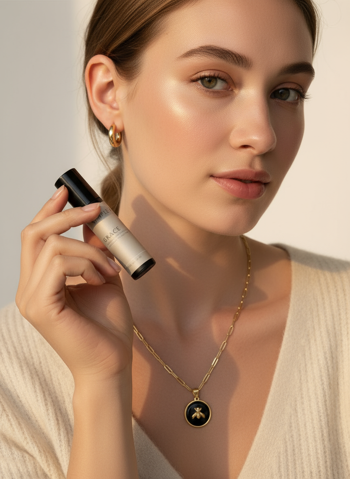 Woman holding and wearing items from Empowered Grace Collection Set by SGB x SDHD with white background.