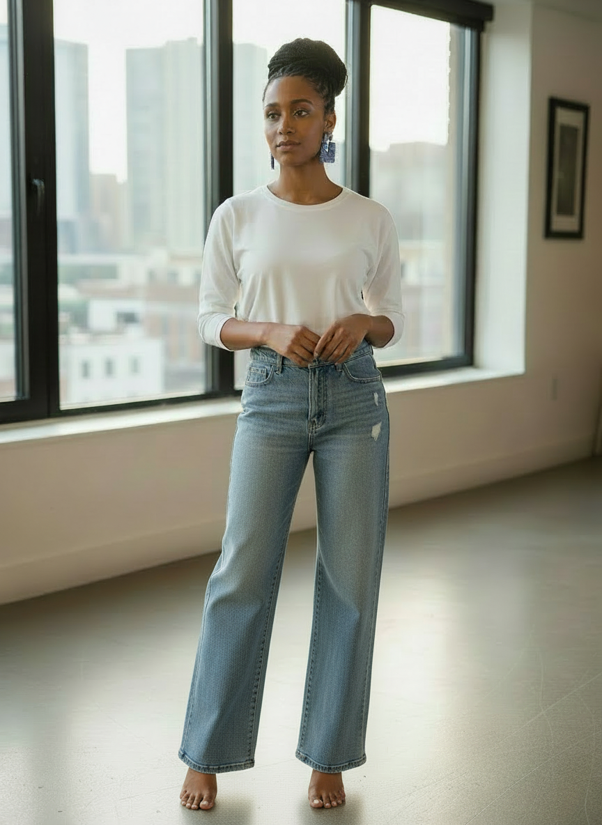 A woman with braided up-do standing next to a window in a room styled wearing a white t-shirt and wide-legged denim jeans and a pair of blue & white patterned 'Kalani' statement earrings, handmade by Sunni Dineen.