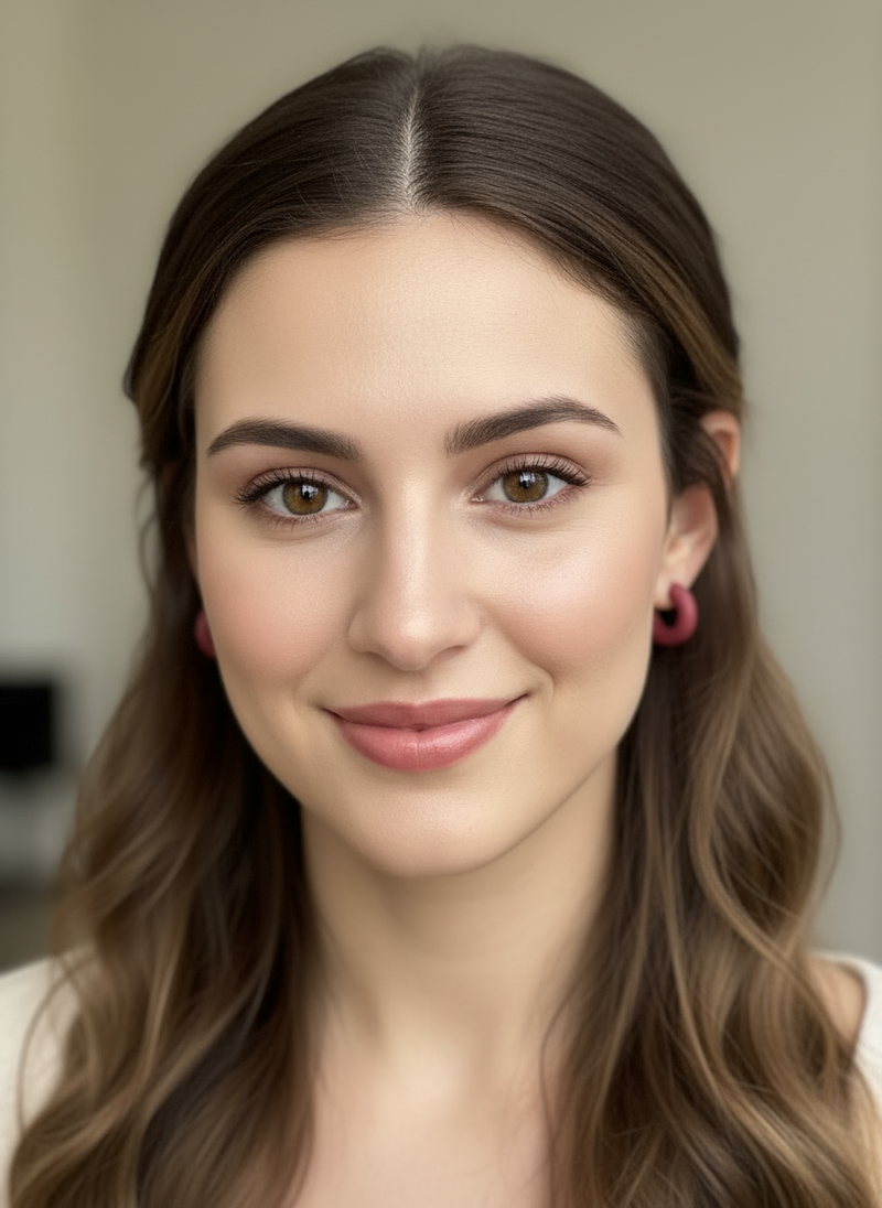 Model wearing one-inch classic signature hoop earrings in raspberry handmade by Sunni Dineen.