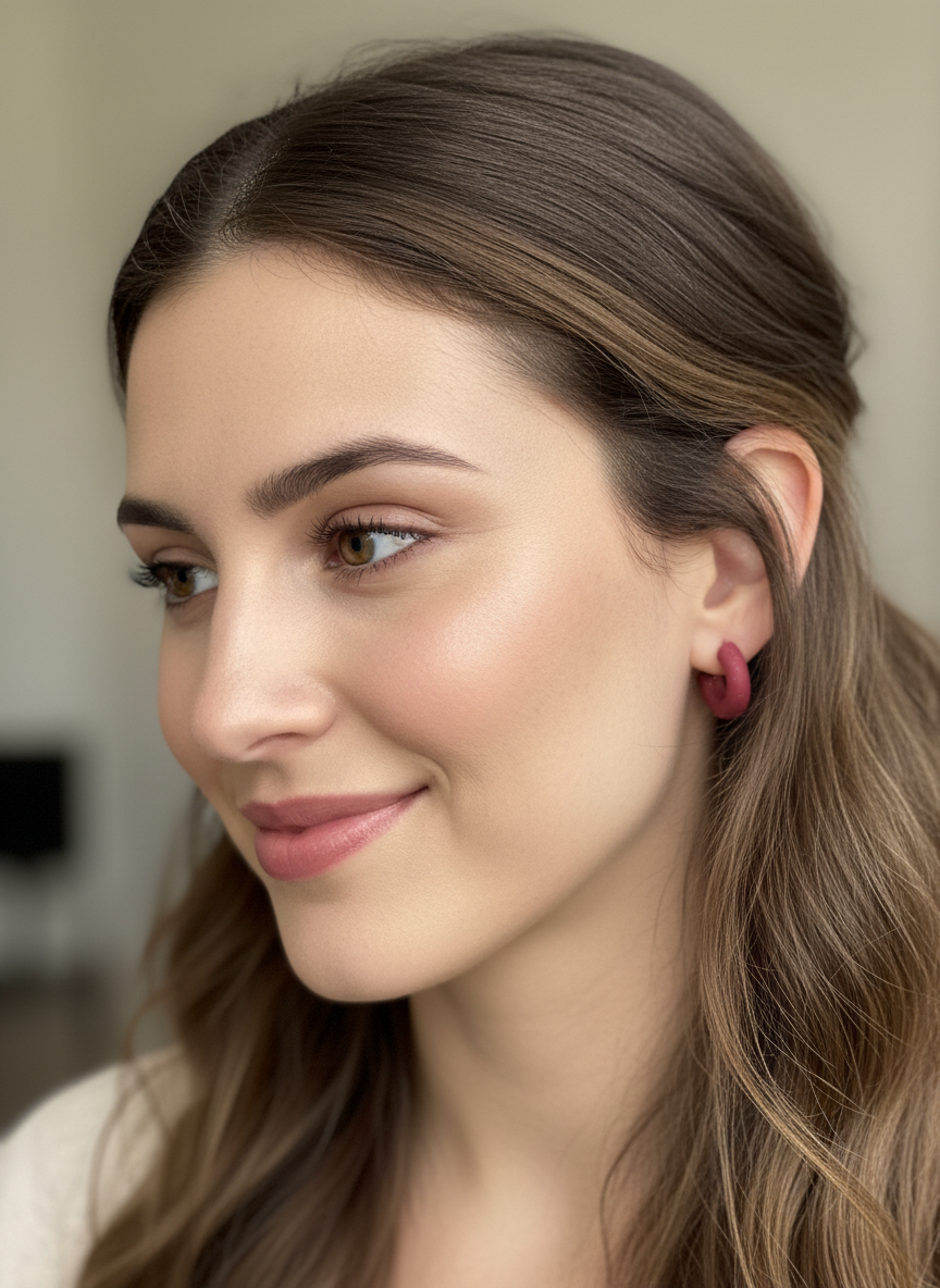 Model wearing one-inch classic signature clay hoop earrings in raspberry handmade by Sunni Dineen.
