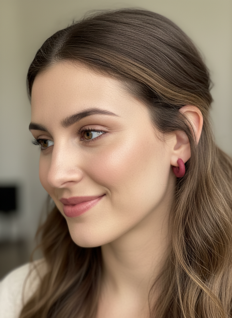 Model wearing one-inch classic signature clay hoop earrings in raspberry handmade by Sunni Dineen.
