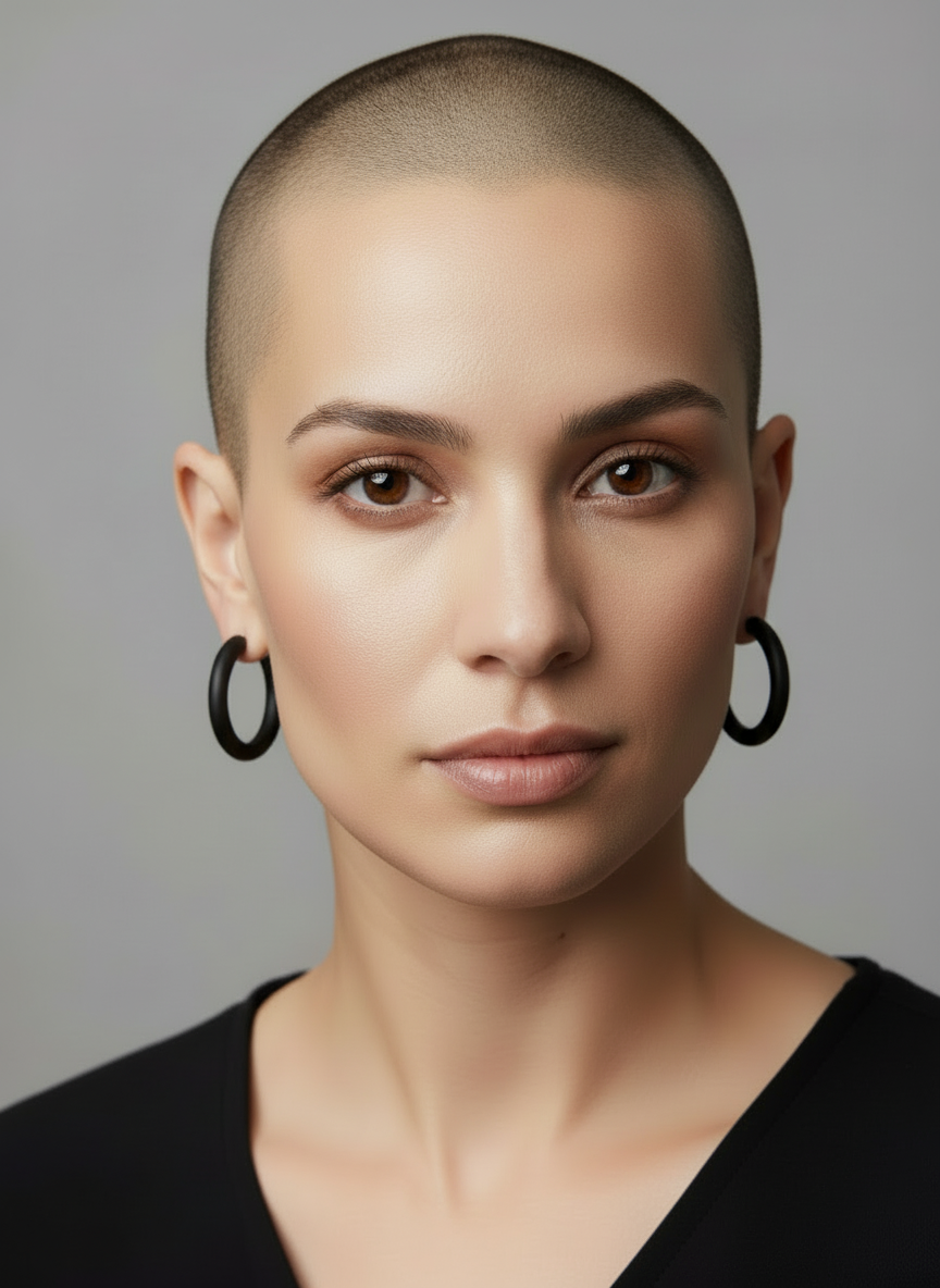 Model with shaved head wearing two-inch classic signature clay hoop earrings in ebony, handmade by Sunni Dineen.